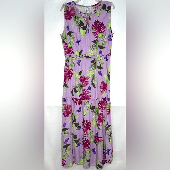 d & co. Tropical Maxi Dress‎ Tiered Ruffle Popover Comfort Beachy Bohemian Sz M - Picture 1 of 10